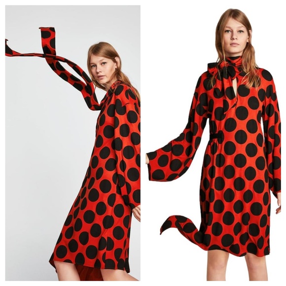 Zara Dresses & Skirts - Zara Brick Red Dress with Black Polka Dots, size S